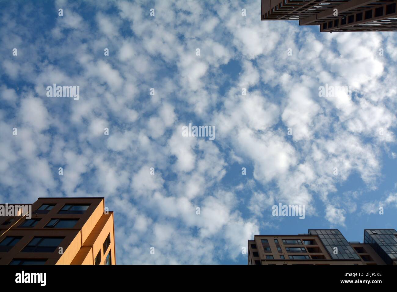 Blick auf einen gesprenkelten Himmel mit weißen, flauschigen Wolken vor blauem Hintergrund, flankiert vom Rand von Wohnblöcken. Stockfoto