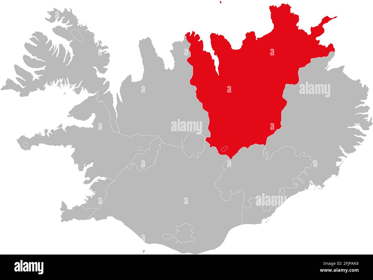 Nordurland Eystra Provinzen isoliert auf Island Karte. Grauer Hintergrund. Hintergründe und Hintergrundbilder. Stock Vektor