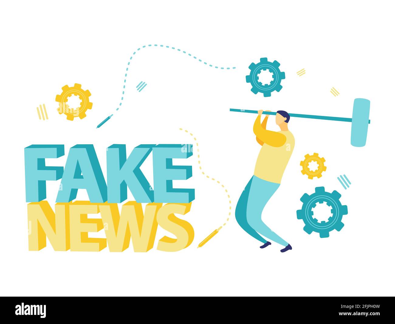 Flache Illustration eines Geschäftsmannes, der einen Hammer hält, um Fake News zu zerstören. Fake News Konzept in Information Manipulation Konzept. Geschäftskonzept. Stock Vektor