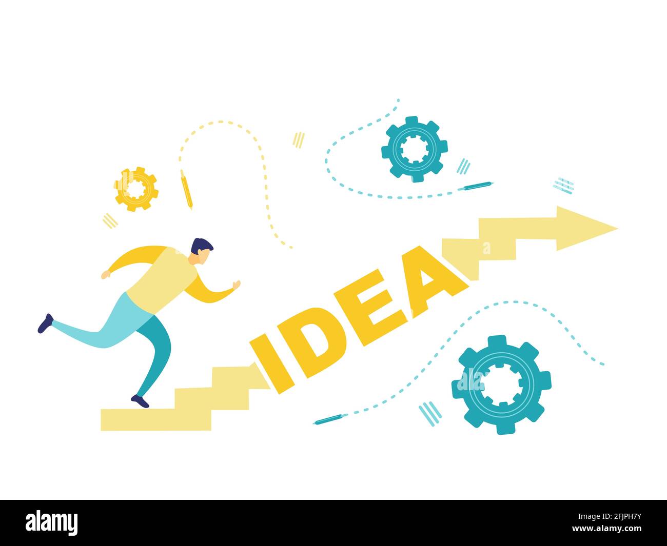 Flache Illustration Konzept der Idee mit Geschäftsmann Treppen steigen. Einfache flache Darstellung von Blau und Gelb. Geschäfts- und Finanzkonzepte. Stock Vektor