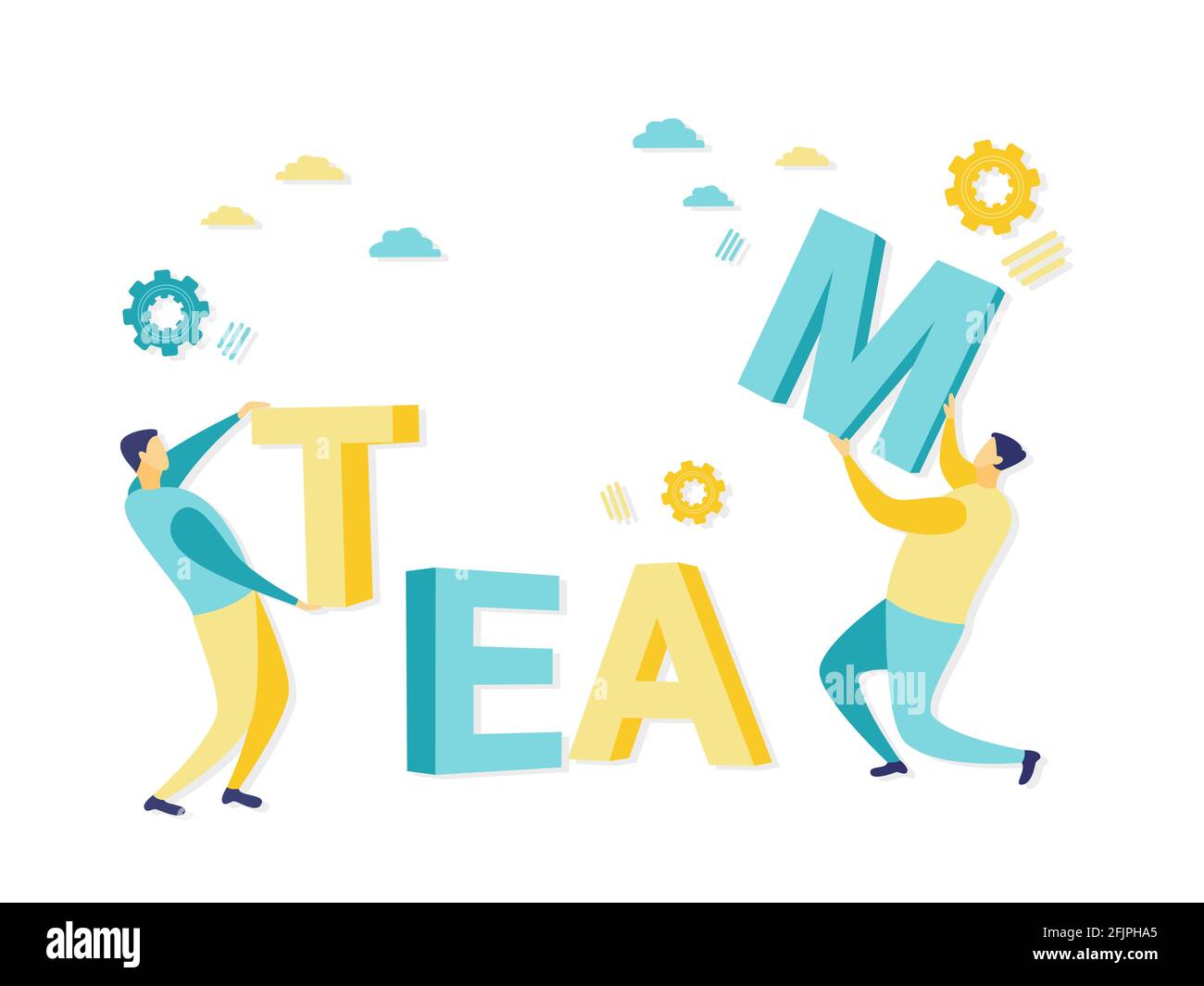 Flache Illustration von Teamwork-Konzept mit Geschäftsmann Putting Briefe. Einfache Darstellung in blauer und gelber Farbe. Geschäfts- und Finanzkonzepte. Stock Vektor