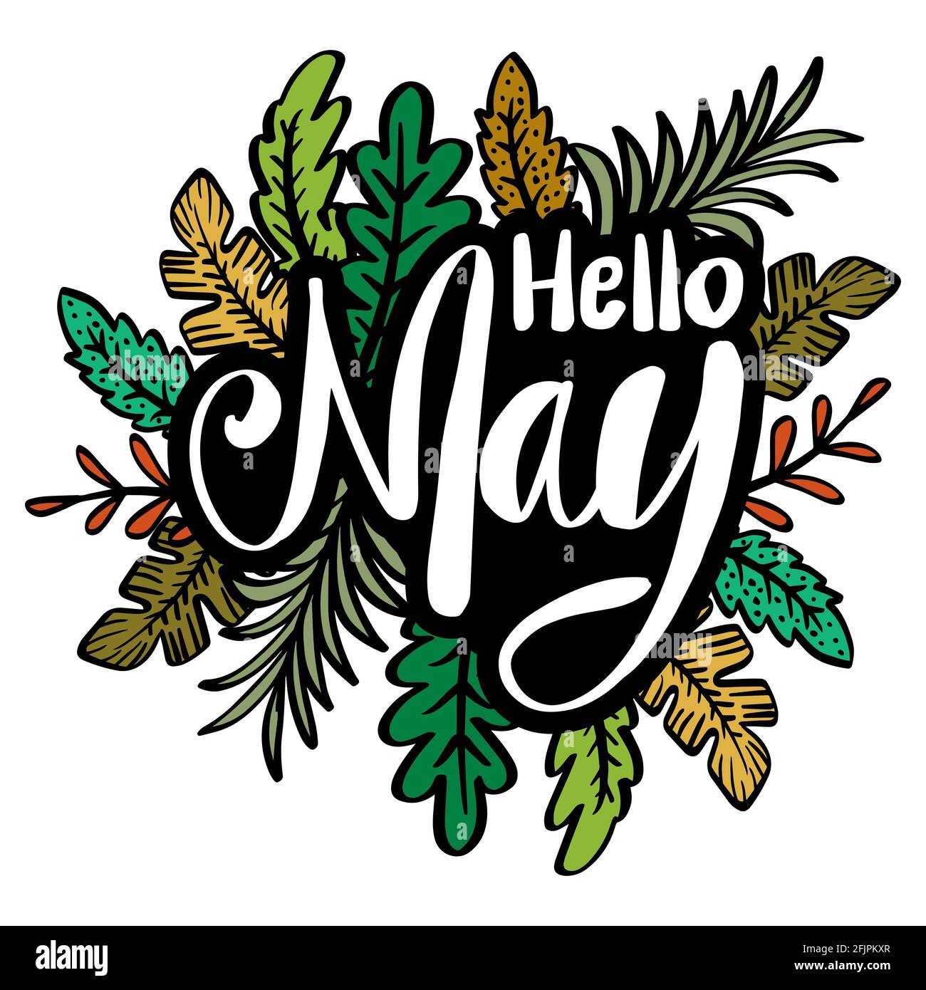 Hallo Mai Grußkarte. Handbeschriftetem Text. Stockfoto