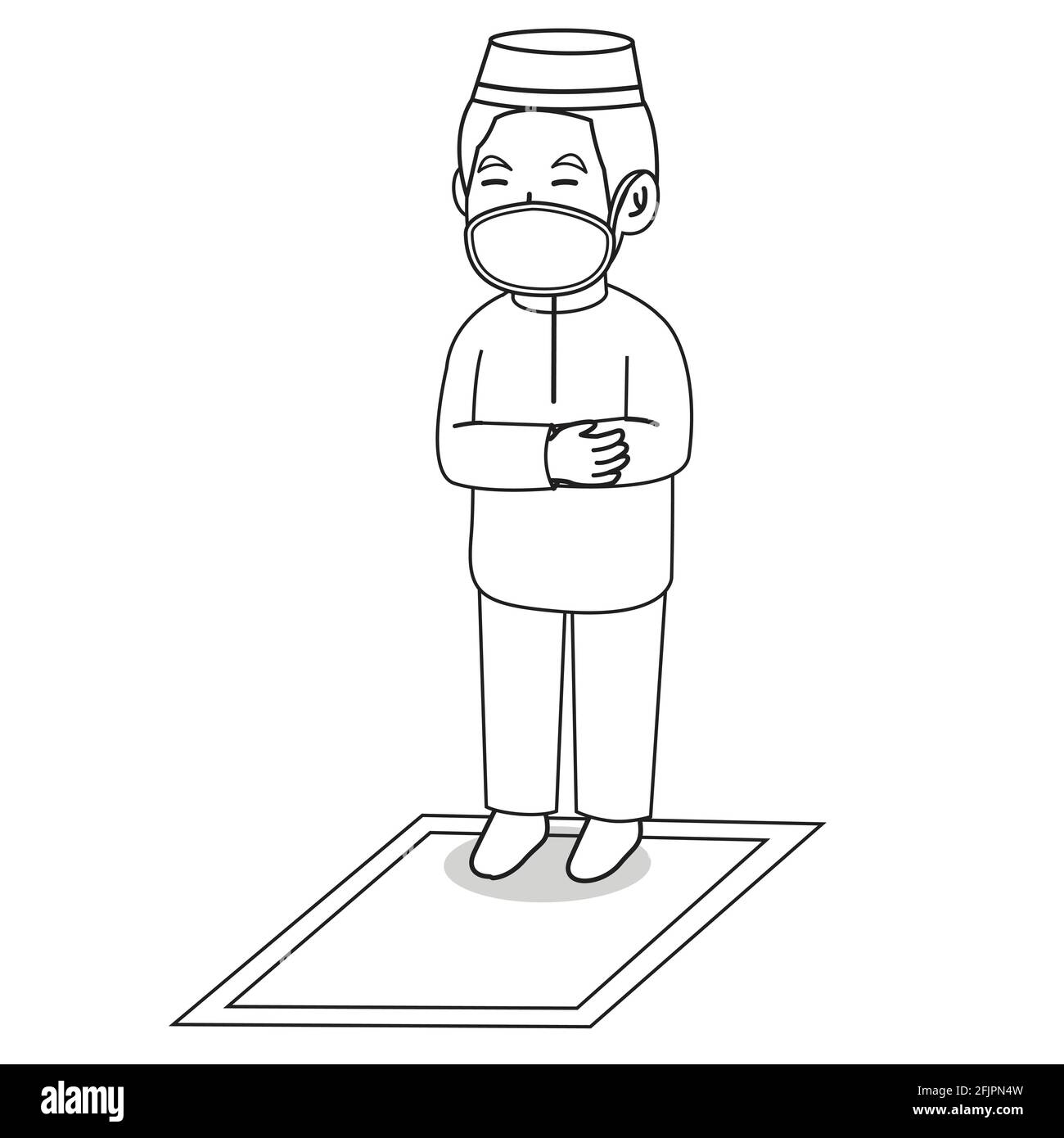 Muslim Mann verwenden grüne Kleidung traditionellen muslim. tarawih beten im ramadan Monat, mit Maske und gesunde Protokoll.Vektor-Charakter Illustration. Stock Vektor