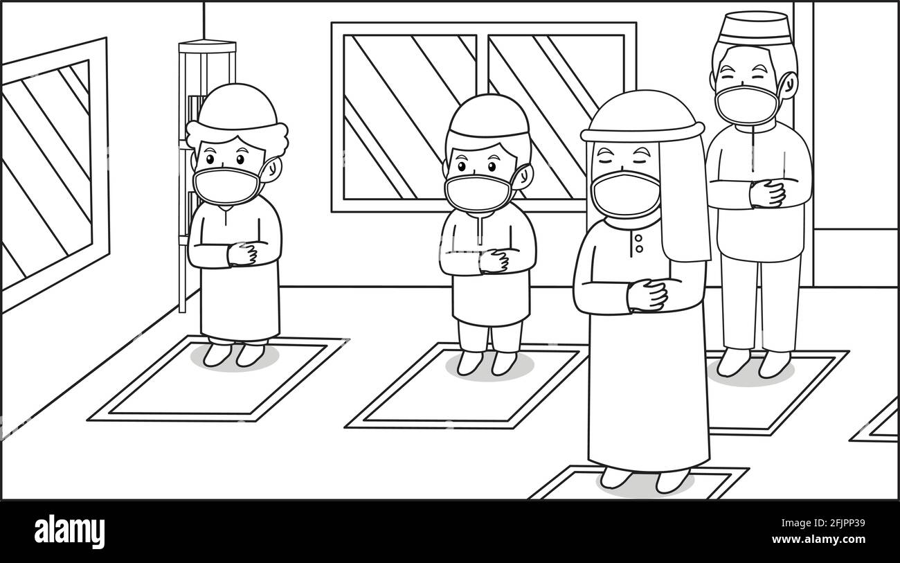 Während der Corona-Virus-Pandemie, muslim in der Moschee, im ramadan-Monat.Muslim Beten tarawih zusammen, makmum und Imam, mit Masken und Gesundheit protoco Stock Vektor