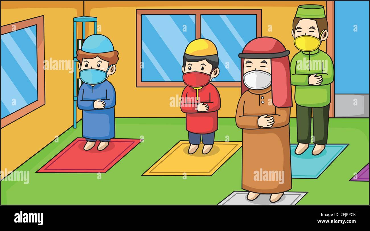 Während der Corona-Virus-Pandemie, muslim in der Moschee, im ramadan-Monat.Muslim Beten tarawih zusammen, makmum und Imam, mit Masken und Gesundheit protoco Stock Vektor