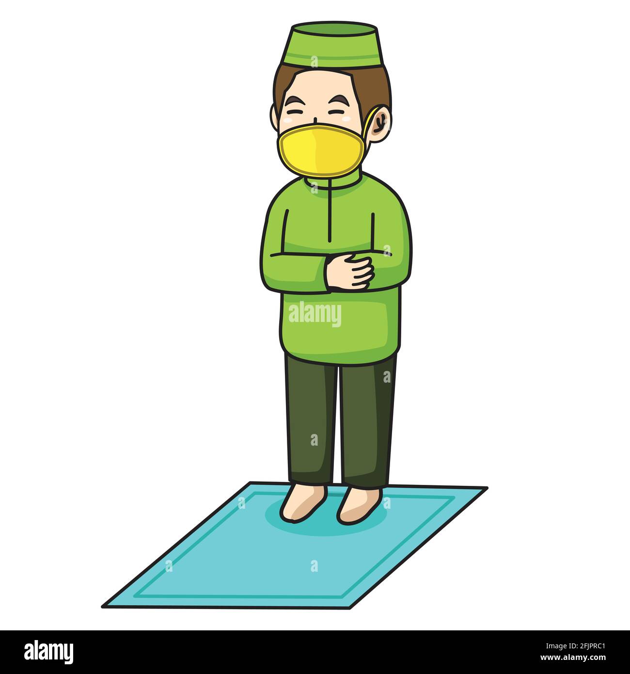 Muslim Mann verwenden grüne Kleidung traditionellen muslim. tarawih beten im ramadan Monat, mit Maske und gesunde Protokoll.Vektor-Charakter Illustration. Stock Vektor