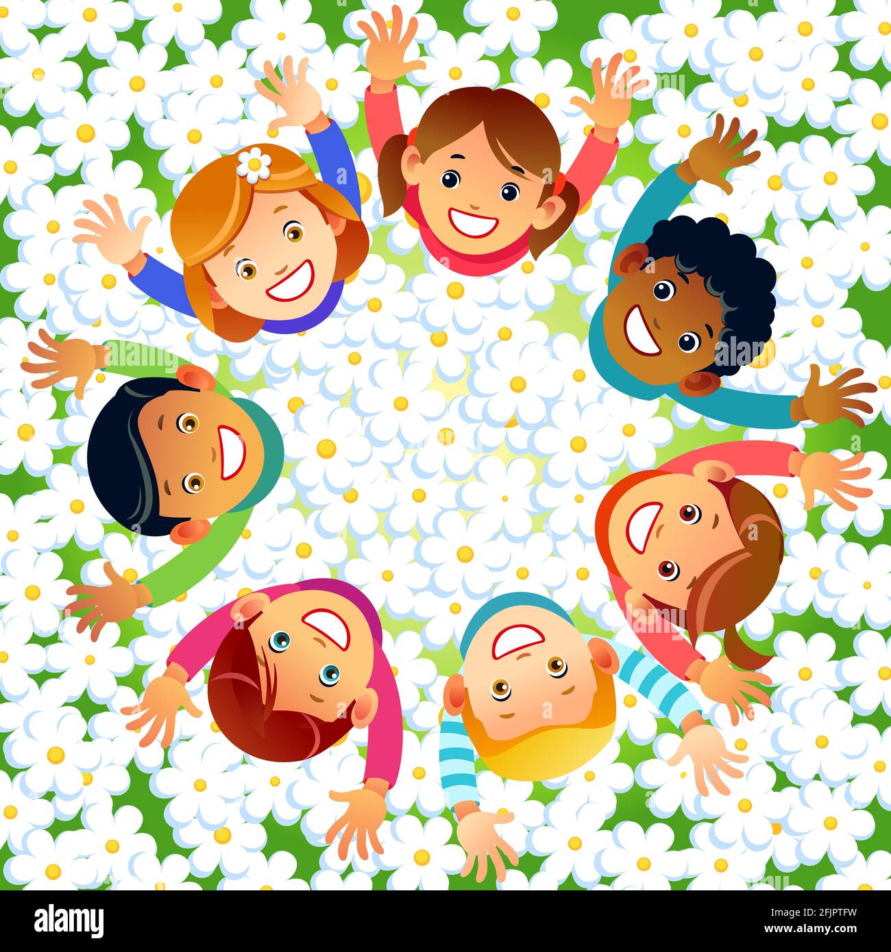 Multikulturell Kinder In Einem Kreis In Den Blumen Mit Glücklichen  Gesichtern Schießen Von Oben Und Heben Die Hände Oben. Happy Friendship Day  Grußkarte Illustration Stock-Vektorgrafik - Alamy