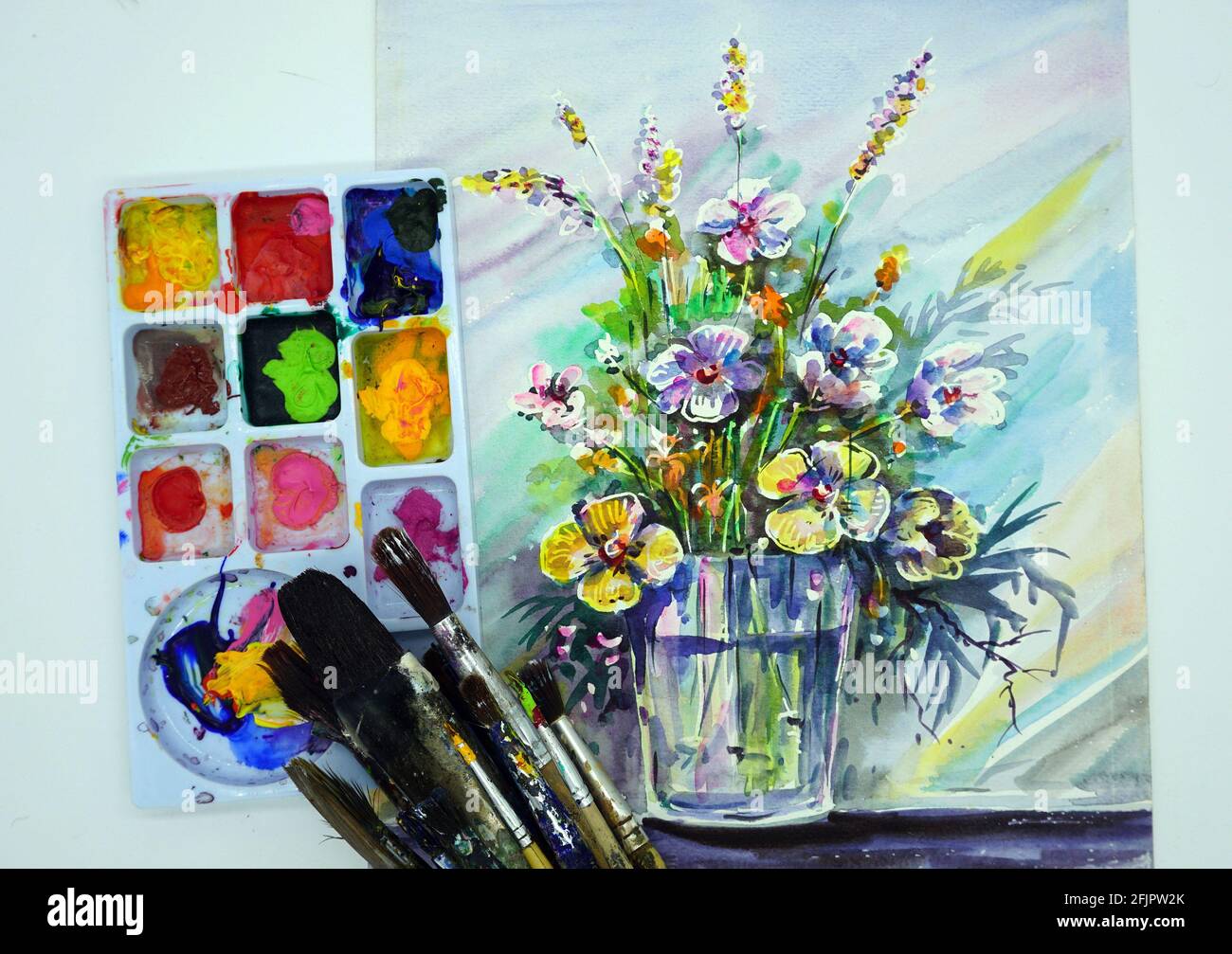 Aquarell Malerei Kunst Klasse , Blumen in einer Vase Stockfoto