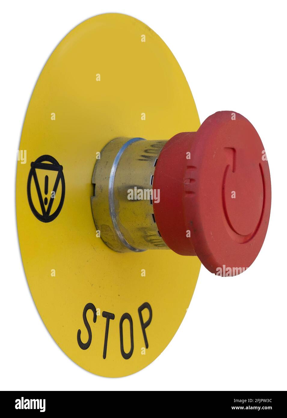Roter Not-AUS-Taster für Industrie- und Betriebseinrichtungen auf runder gelber Platte mit Ausrufezeichen im Dreieck. Seitenansicht, isoliert auf weiß Stockfoto