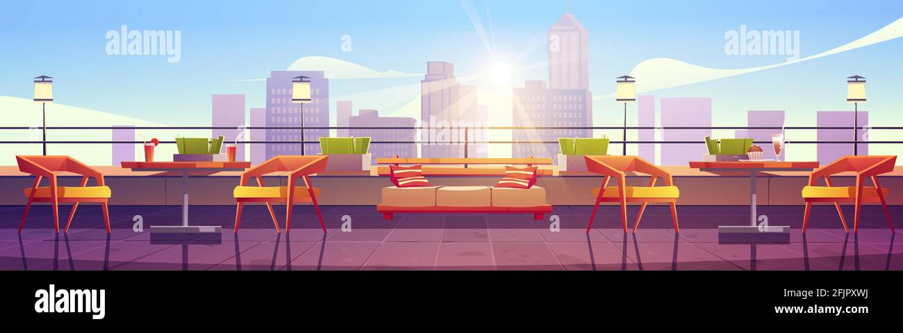 Restaurant auf der Dachterrasse mit Blick auf die Stadt im Hintergrund. Leere Terrasse mit Tischen und Stühlen auf dem Dach eines Wolkenkratzers. Café-Bereich im Freien für Entspannung oder Erholung tagsüber Stadtbild Cartoon-Vektor-Illustration Stock Vektor