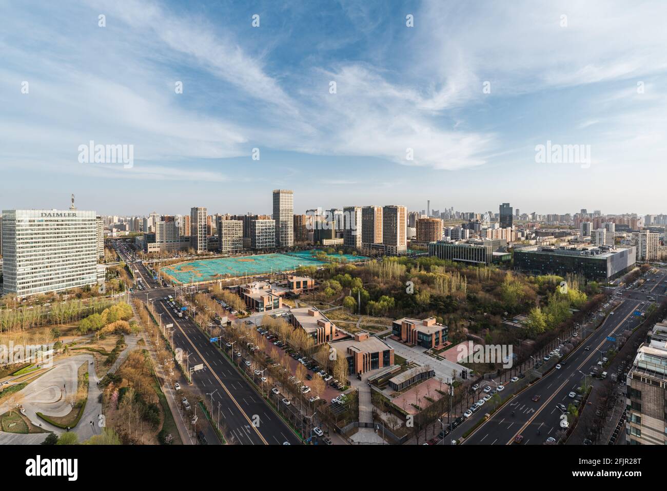 Luftaufnahme von Wangjing Soho bei Sonnenuntergang, einem berühmten Wahrzeichen der Stadt peking, entworfen von Zaha Hadid Stockfoto