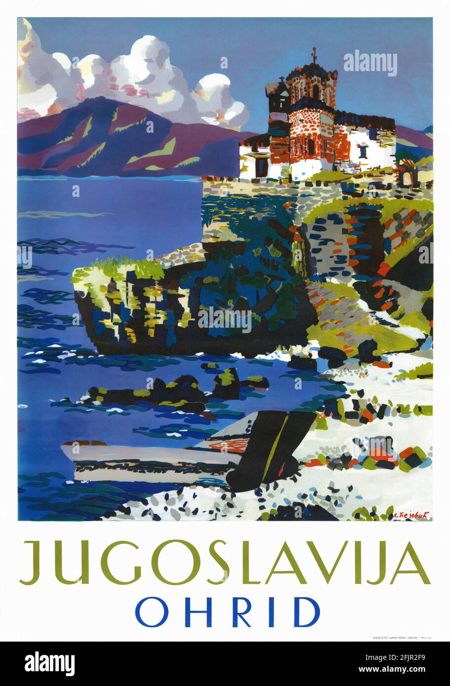 Jugoslawien Ohrid von Edo Murtic (1921-2004). Restauriertes Vintage-Poster, das 1960 in Jugoslawien veröffentlicht wurde. Stockfoto