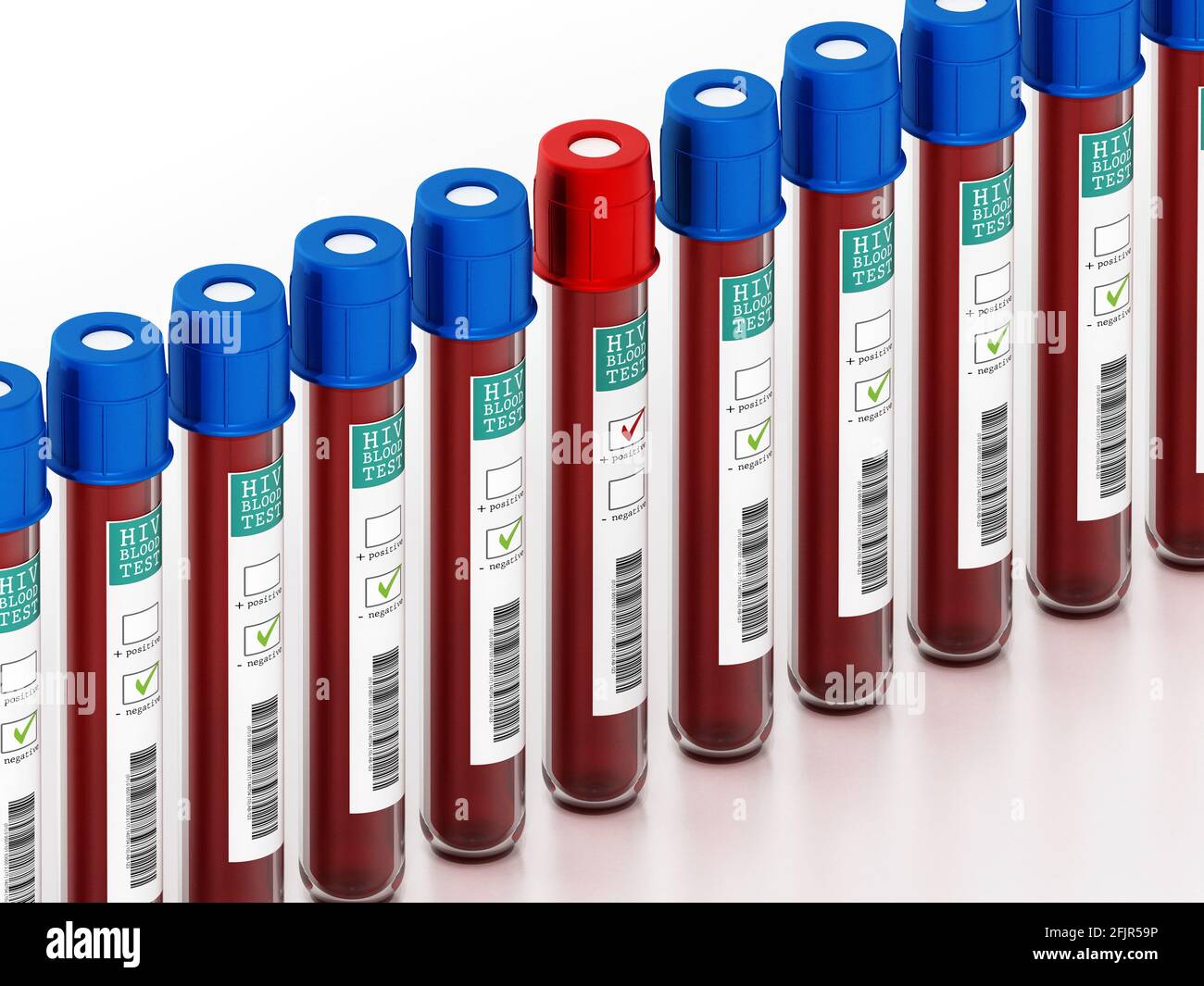 Blutproben in Fläschchen mit HIV-Testetiketten, isoliert auf weißem Hintergrund. 3D-Illustration. Stockfoto