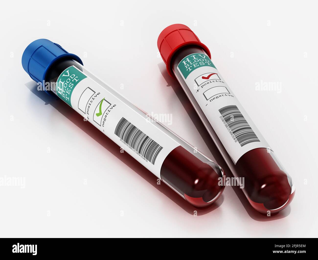 Positive und negative Blutproben in Ampullen mit HIV-Testetiketten. 3D-Illustration. Stockfoto