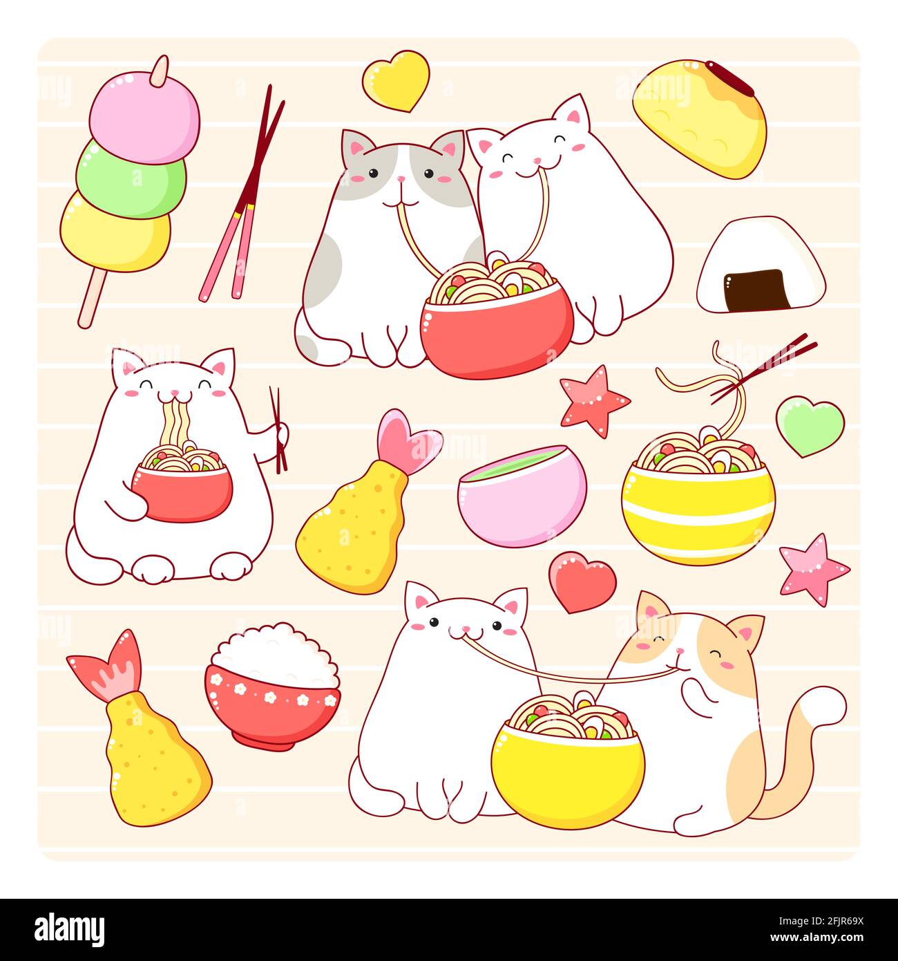 Ein paar niedliche fette Katzen essen Ramen-Nudeln. Satz von Kawaii-Zeichen. Vektorgrafik EPS8 Stock Vektor