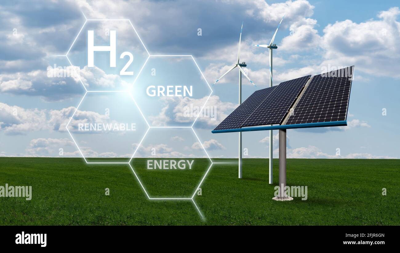 Gewinnung von grünem Wasserstoff aus erneuerbaren Energiequellen Stockfoto