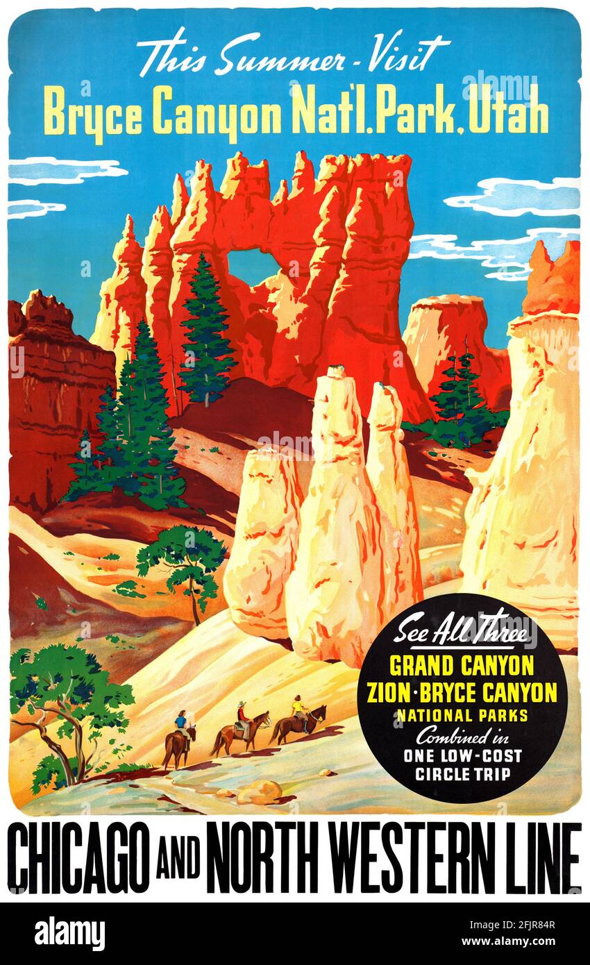 Diesen Sommer. Besuchen Sie Den Zion National Park, Utah. Künstler unbekannt. Restauriertes Vintage-Poster, das in den 1930er Jahren in den USA veröffentlicht wurde. Stockfoto
