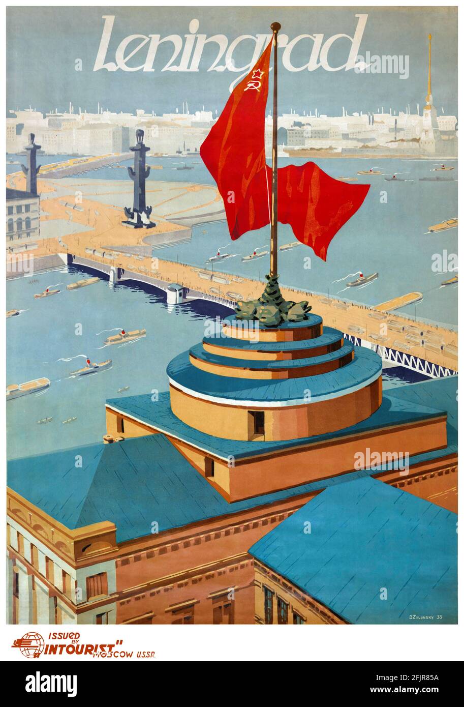 Leningrad. Intourist-Plakat von Boris Alexandrowitsch Zelensky (1914-1984). Restauriertes Vintage-Poster, das 1933 in der UdSSR veröffentlicht wurde. Stockfoto