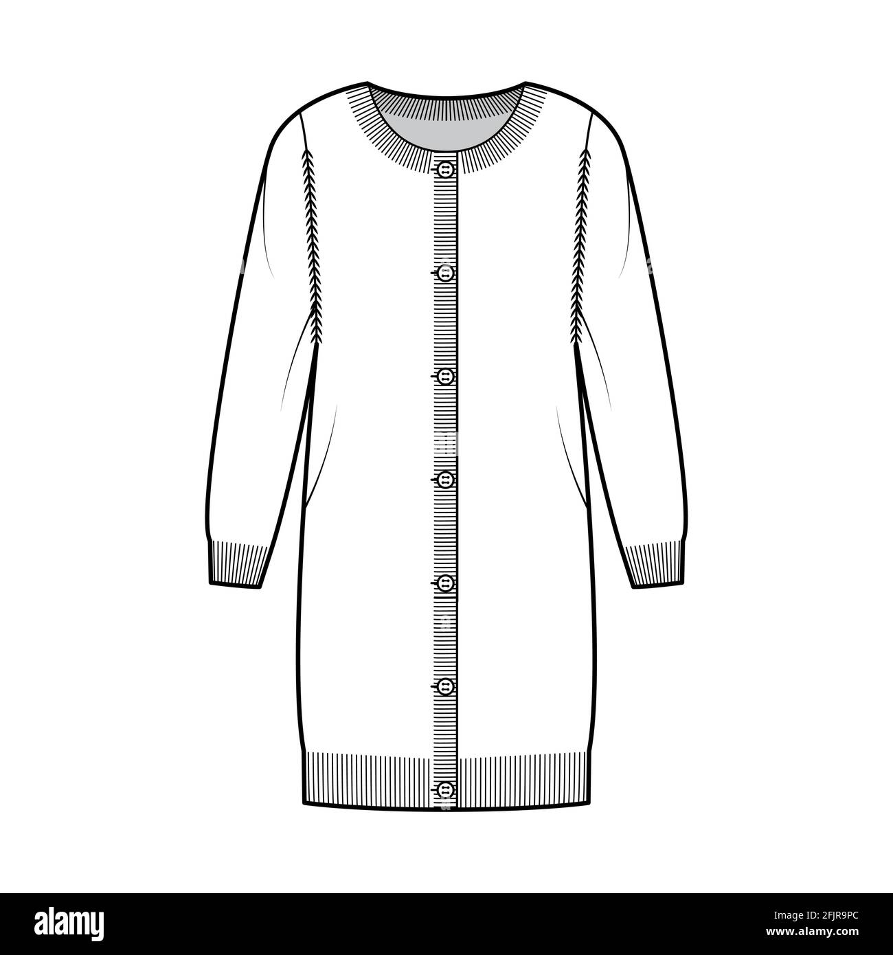 Kleid mit Rundhalsausschnitt Cardigan-Pullover technische Mode-Illustration mit langen Ärmeln, übergroßem Body, knielang, Rippenstrick. Flatpullover-Bekleidung vorne, in weißer Farbgebung. Frauen, Unisex-CAD-Modell Stock Vektor