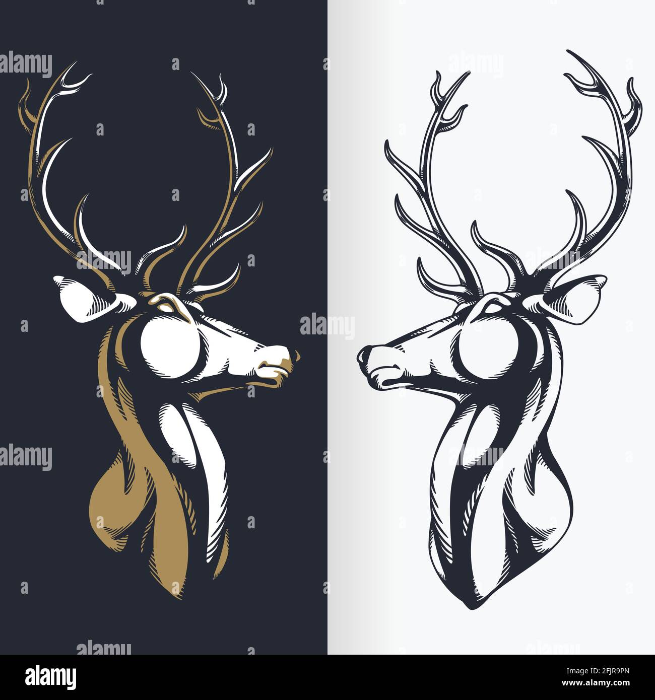 Silhouette Stag Buck Elch Hirsch Kopf Schablone Isoliert Vektor Zeichnung Stock Vektor