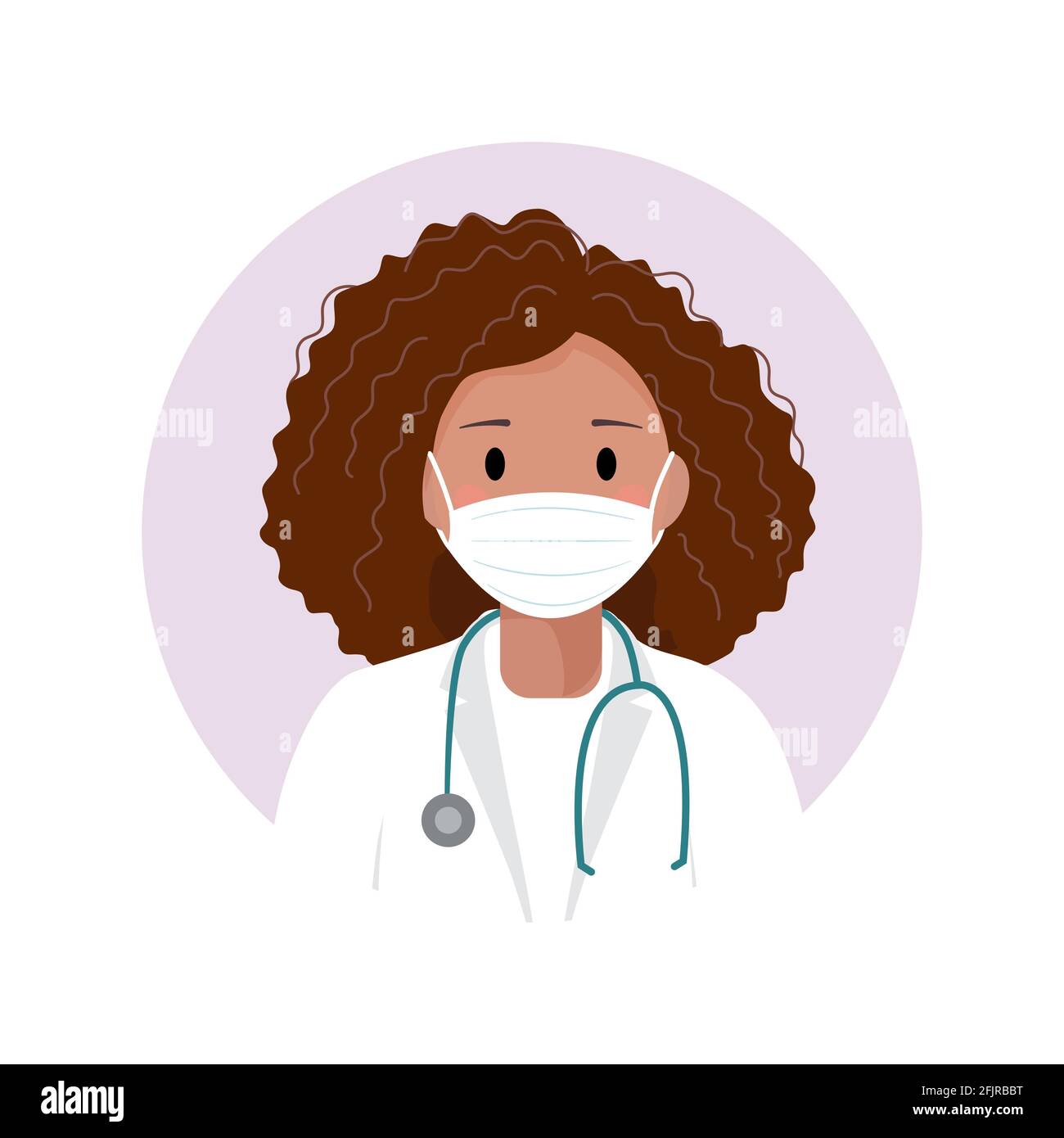 Afroamerikanische Ärztin in einem medizinischen Gesichtsmaske Avatar. Gesundheitsfürsorge persönlich. Therapeut. Krankenschwester. Vektorgrafik im flachen Stil. Arzt Stock Vektor