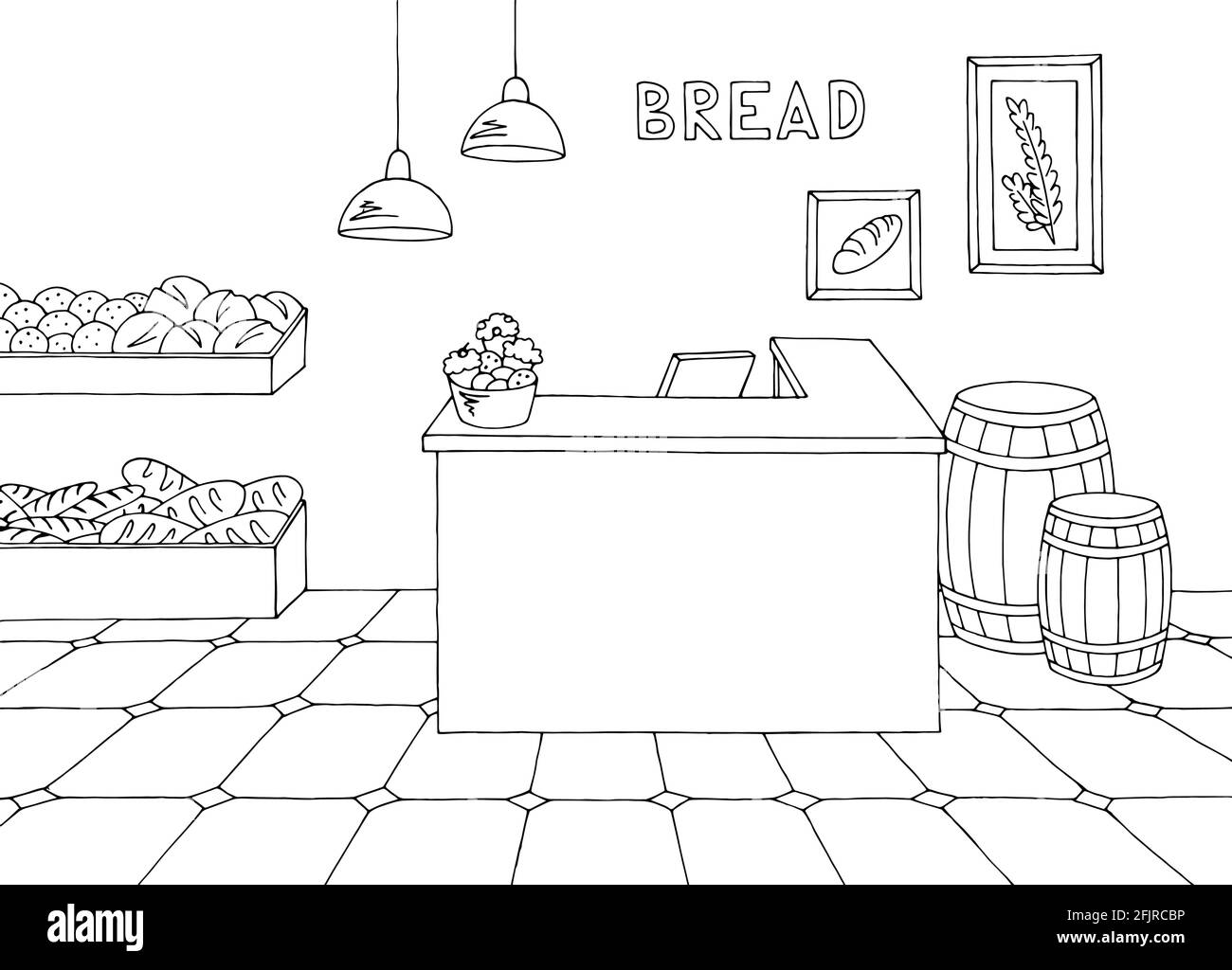 Bäckerei Innenansicht Grafik schwarz weiß Skizze Illustration Vektor Stock Vektor