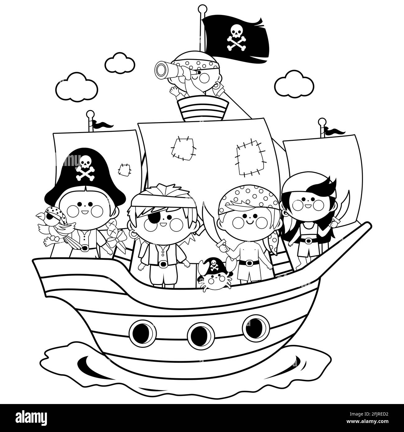 Piratenkinder, Jungen und Mädchen segeln auf einem Piratenschiff im Meer. Niedliche Karikaturierkinder auf einem Boot im Ozean. Schwarzweiß-Ausmalseite. Stockfoto
