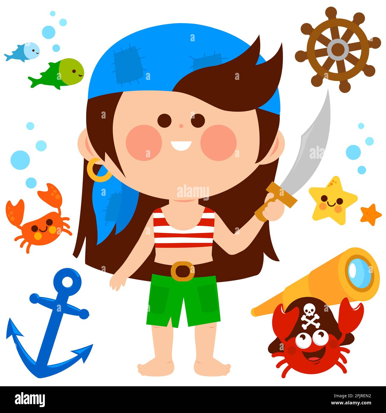 Glückliches Zeichentrick-Piratenmädchen mit einem Schwert und anderen Piratenobjekten. Meerestiere, Fische und Krabben mit Piratenhut und Teleskop. Piraten-Kinderset. Stockfoto