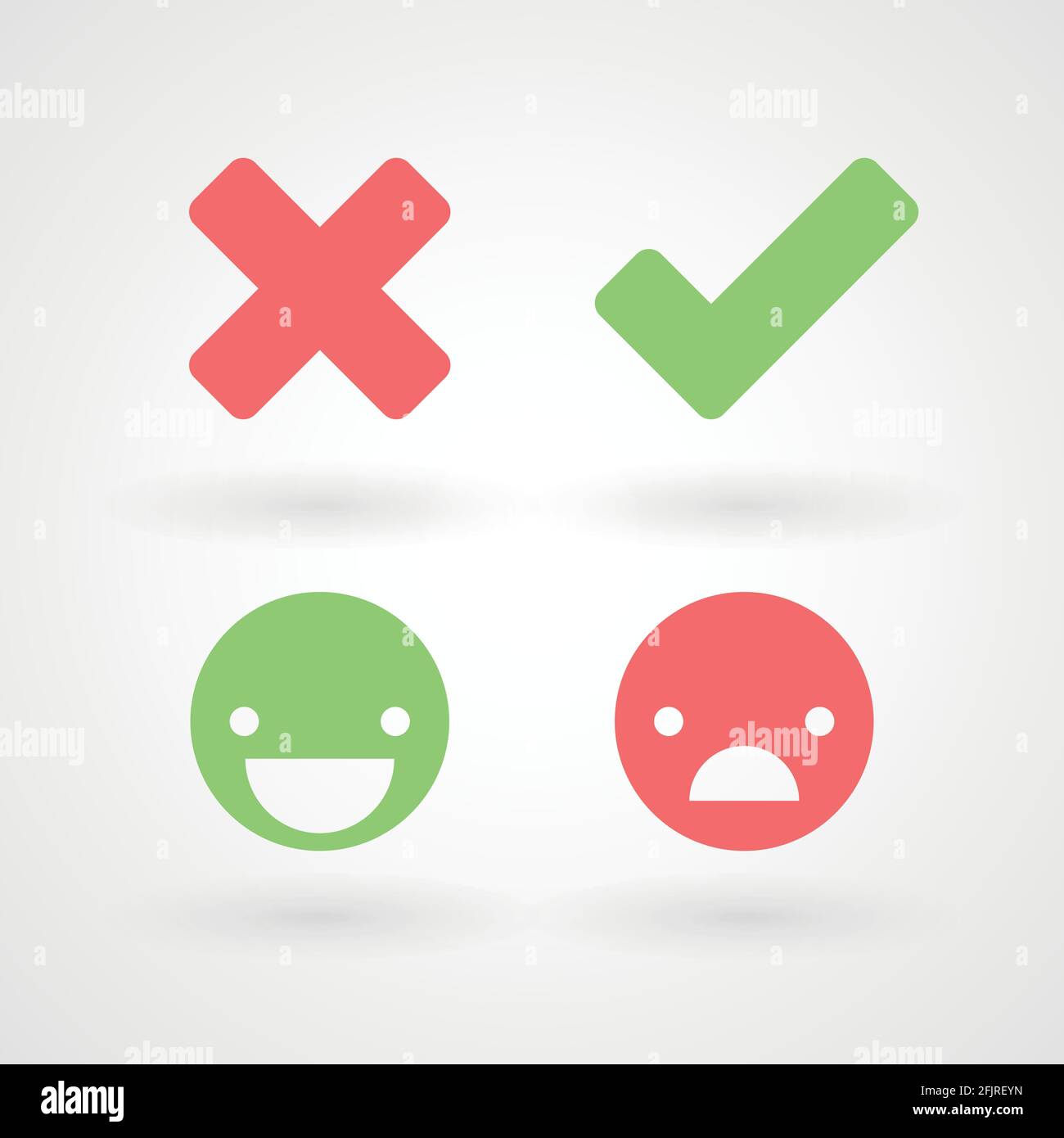 Symbole für falsche und rechte Häkchen. Glückliche und unglückliche Smileys. Vektorgrafik, flaches Design Stock Vektor