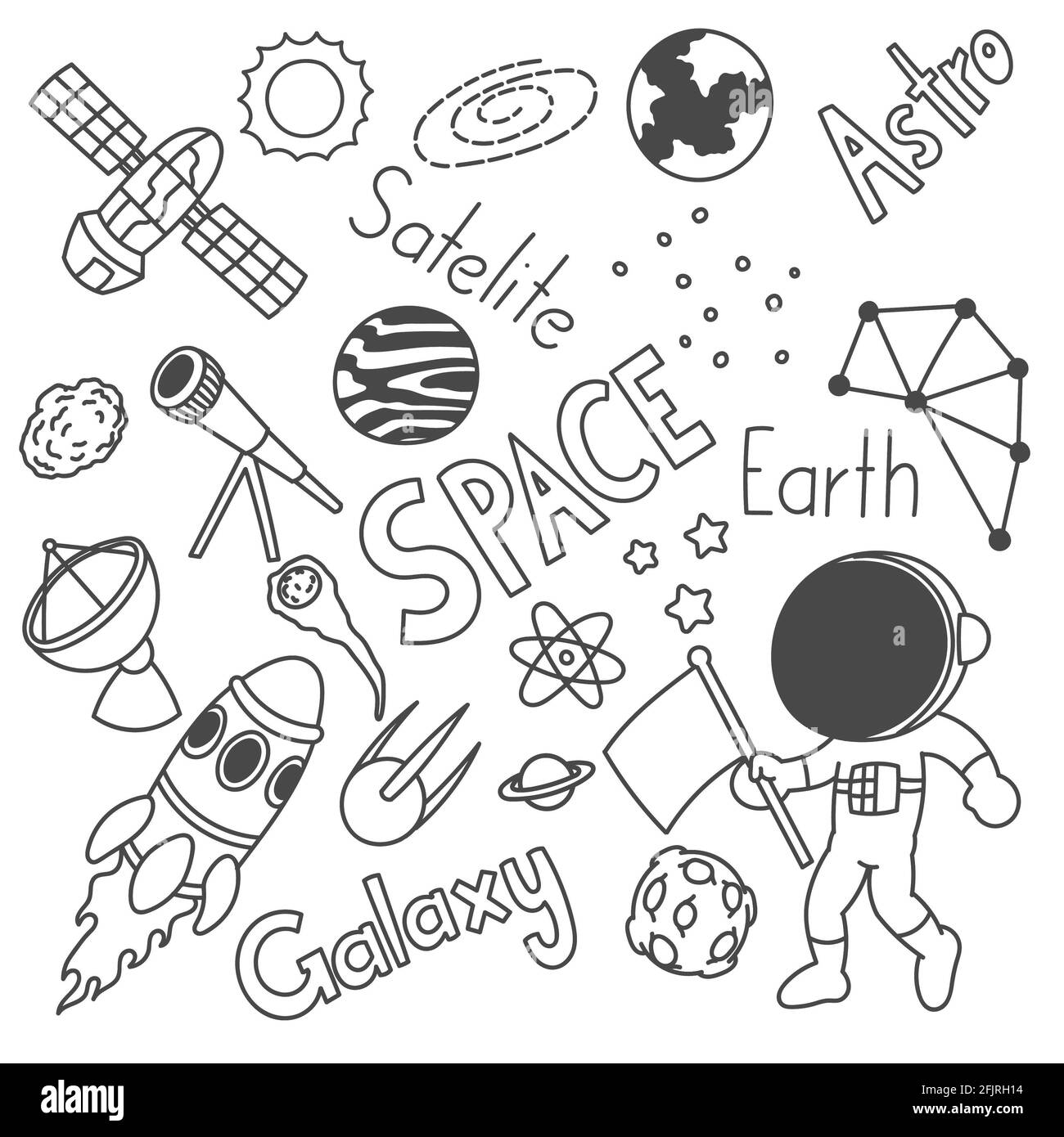 Handgezeichnete schwarz-weiße Astronauten kritzeln Stockfoto