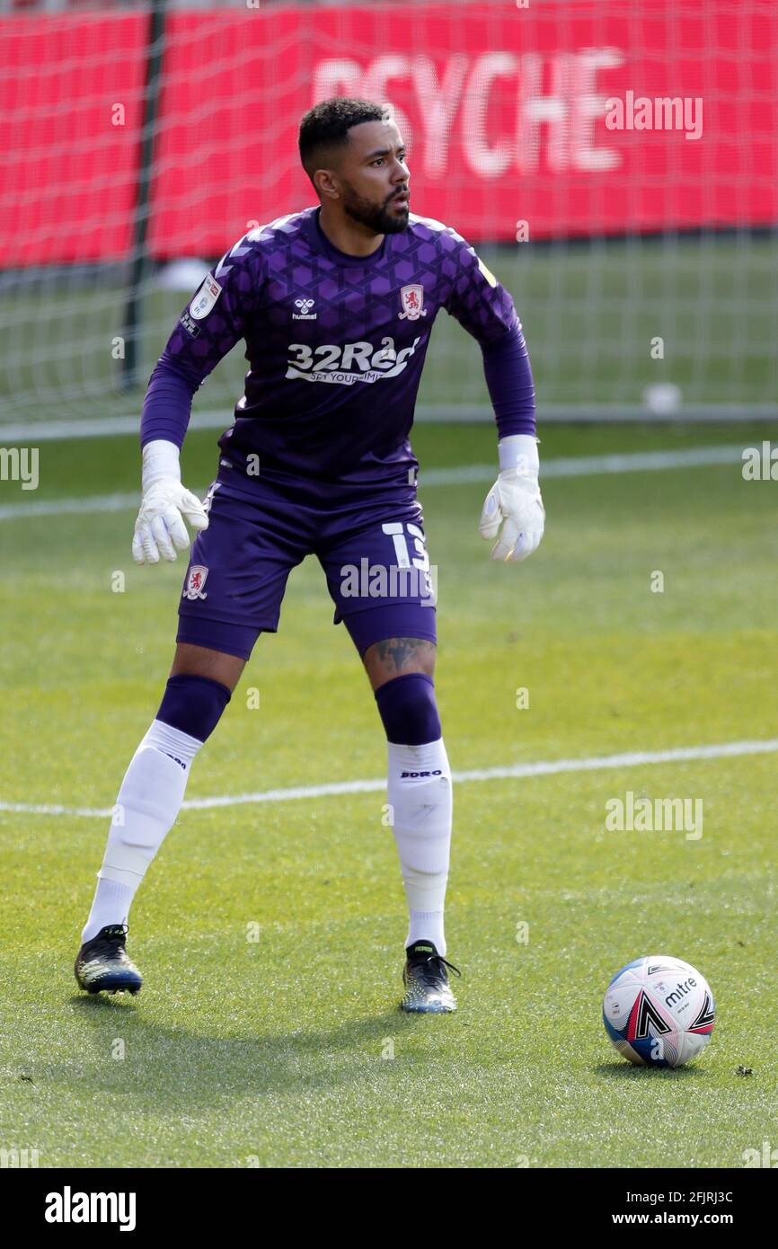 Middlesbrough-Torwart Jordan Archer beim Sky Bet Championship-Spiel im Riverside Stadium, Middlesbrough. Bilddatum: Samstag, 24. April 2021. Stockfoto