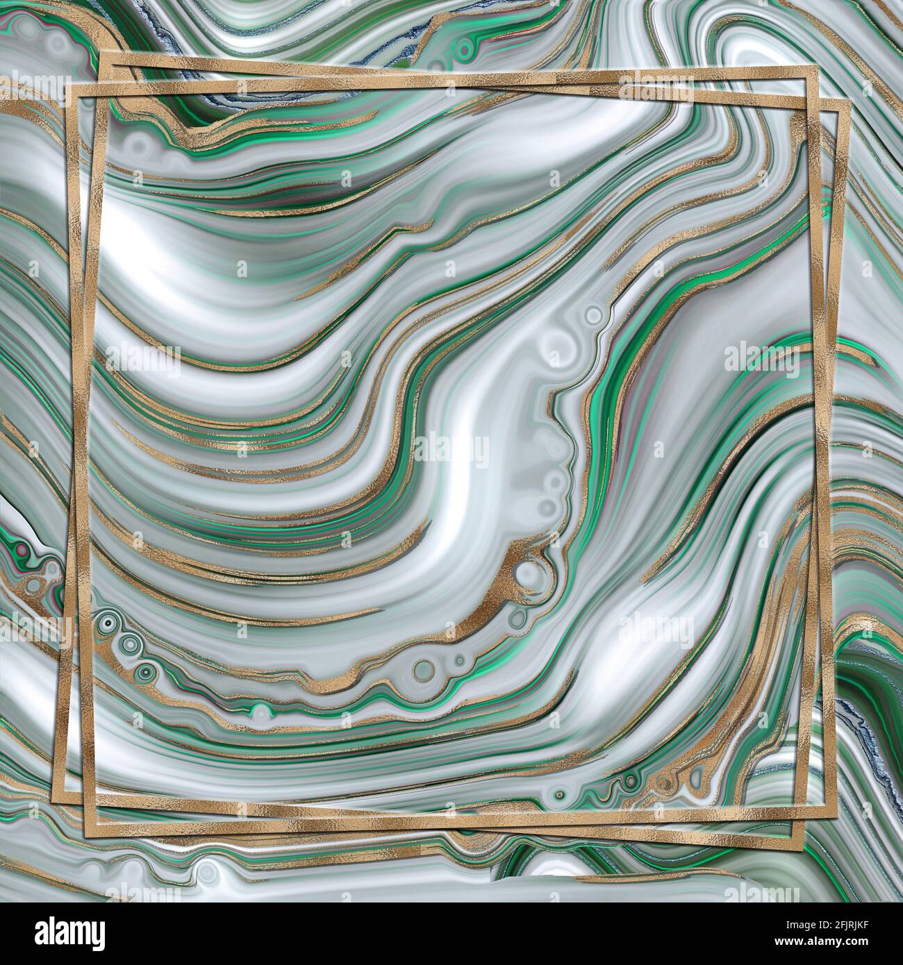 Abstrakte trendige grüne Hintergrund Vorlage. Flüssiges, abstraktes Achat-Design aus Marmor mit goldfarbener Wellenstruktur. Goldrahmen.Cover, Einladung, Banner, Plakat, Stockfoto