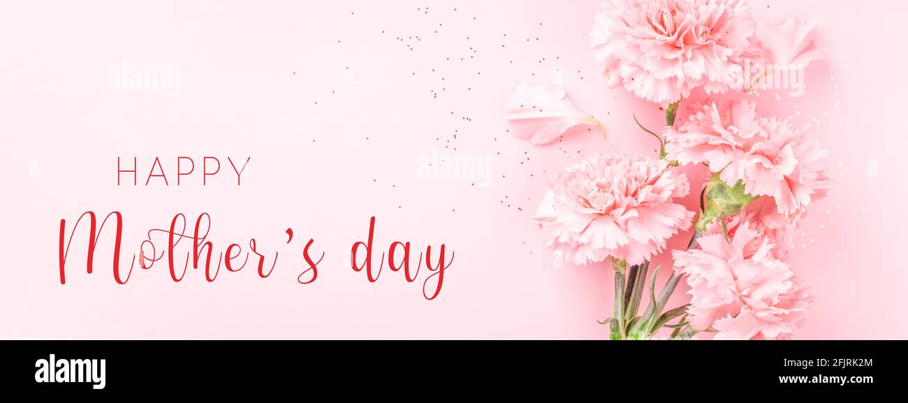 Banner mit rosa Nelken auf rosa Hintergrund mit Happy Mother's Day Gruß. Stockfoto