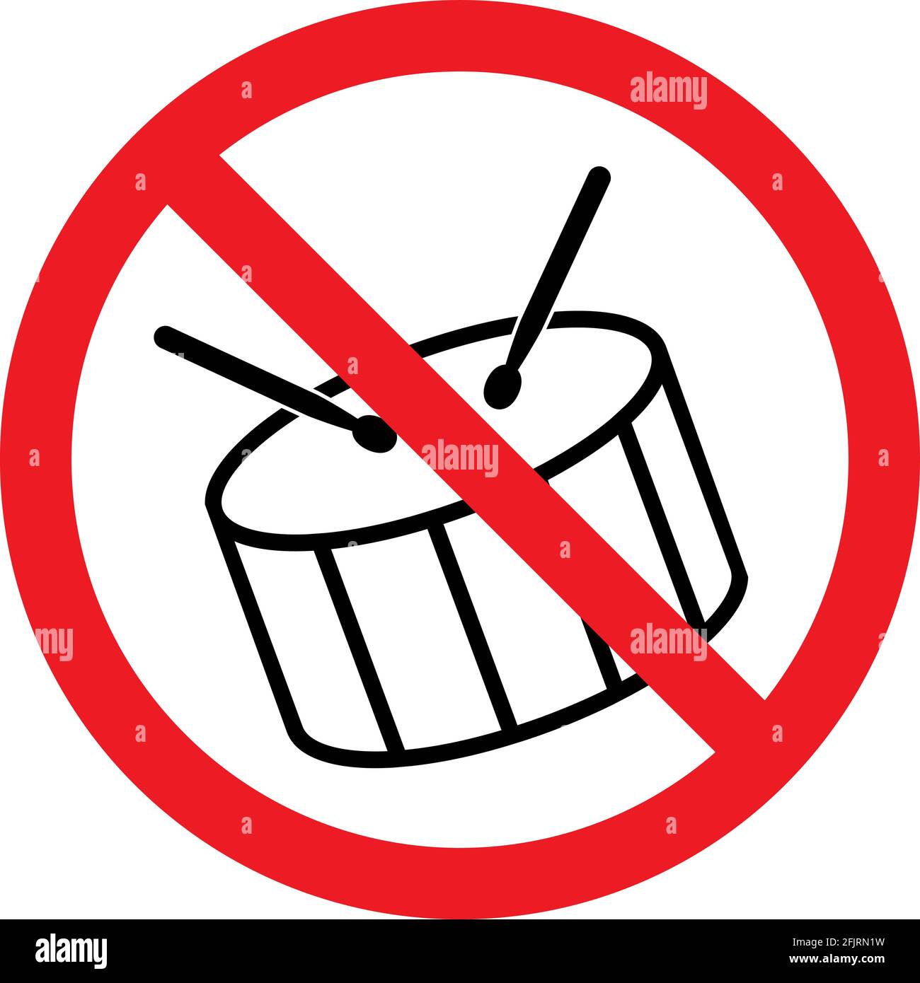 Kein Schlagzeug Zeichen Vektor Grafik Design. Es zeigt an, dass Musikinstrumente nicht verwendet werden dürfen. Stock Vektor