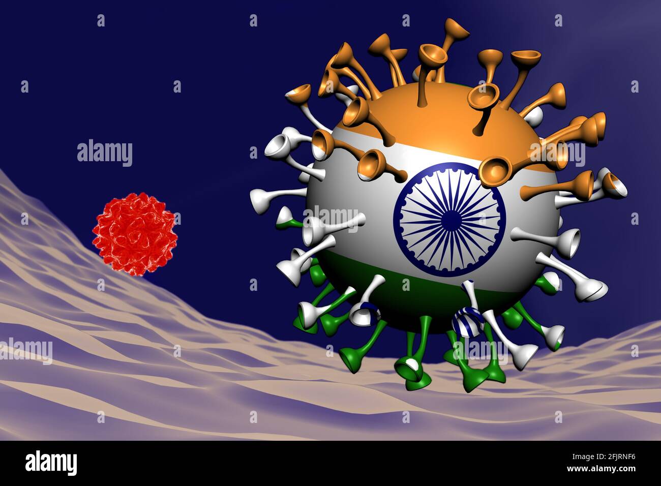 Coronavirus-Nahaufnahme mit indischer Flagge inside-it, Variant Virus Concept 3d-Illustration Stockfoto