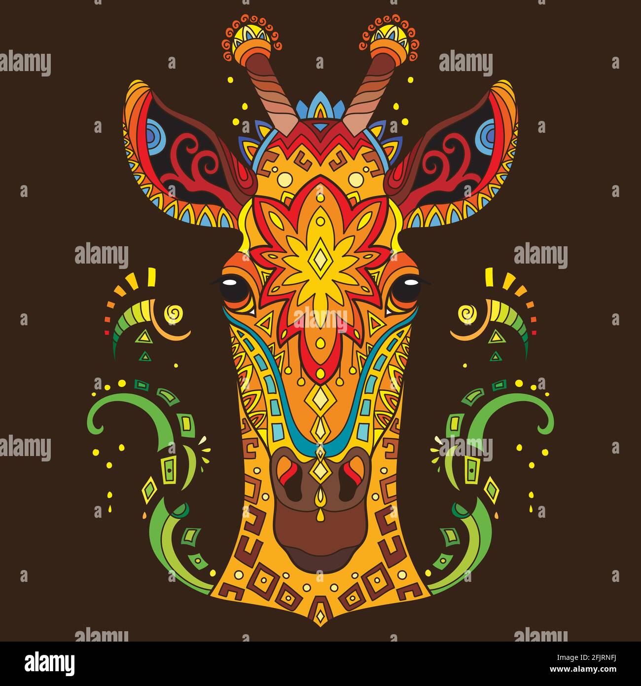 Kopf der Giraffe mit Doodle und zentangle Elementen. Abstrakter Vektor Bunte Illustration isoliert auf braunem Hintergrund. Für Design, Druck, Dekor, Tatto Stock Vektor