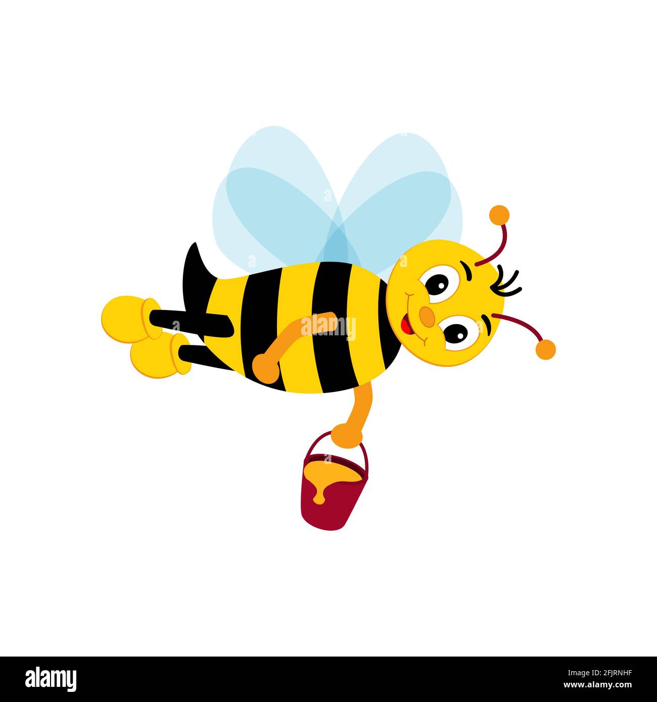Nette Biene hält Honig. Glücklich Cartoon Biene fliegen mit Eimer Honig. Lächelnde Cartoon-Figur Biene. Vektordarstellung auf weißem Hintergrund isoliert Stock Vektor