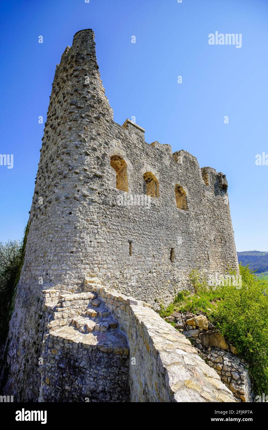 Schloss Pfeffingen ist ein Schloss in der Gemeinde Pfeffingen des Kantons Basel-Land in der Schweiz. Schweizerisches Kulturerbe von nationalem Signifikan Stockfoto