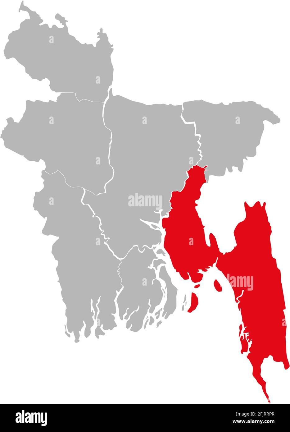 Chittagong-Division auf der Karte von Bangladesch hervorgehoben. Grauer Hintergrund. Stock Vektor