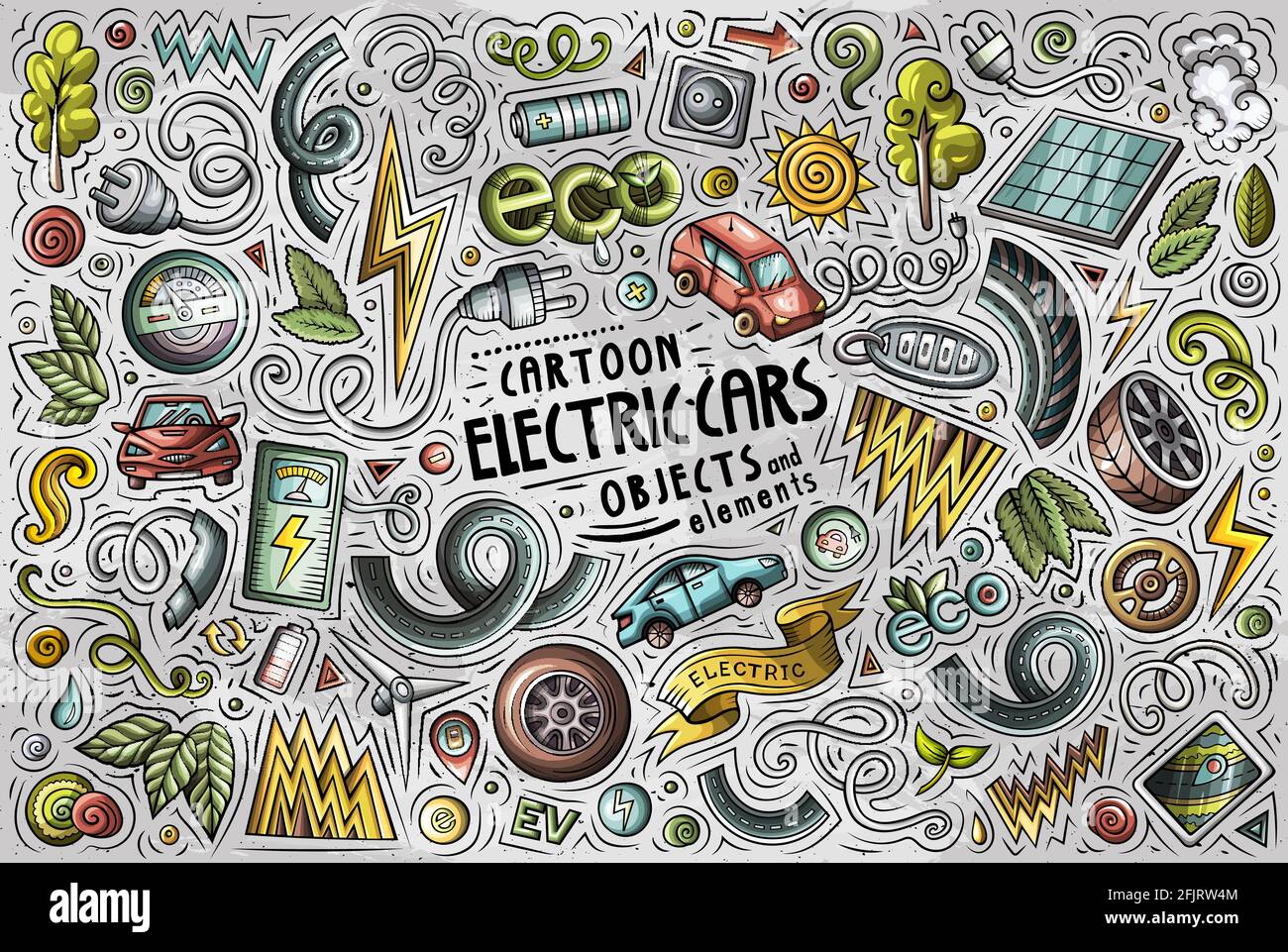 Bunte Vektor Hand gezeichnete Doodle Cartoon Satz von Elektroautos Themen Artikel, Objekte und Symbole Stock Vektor