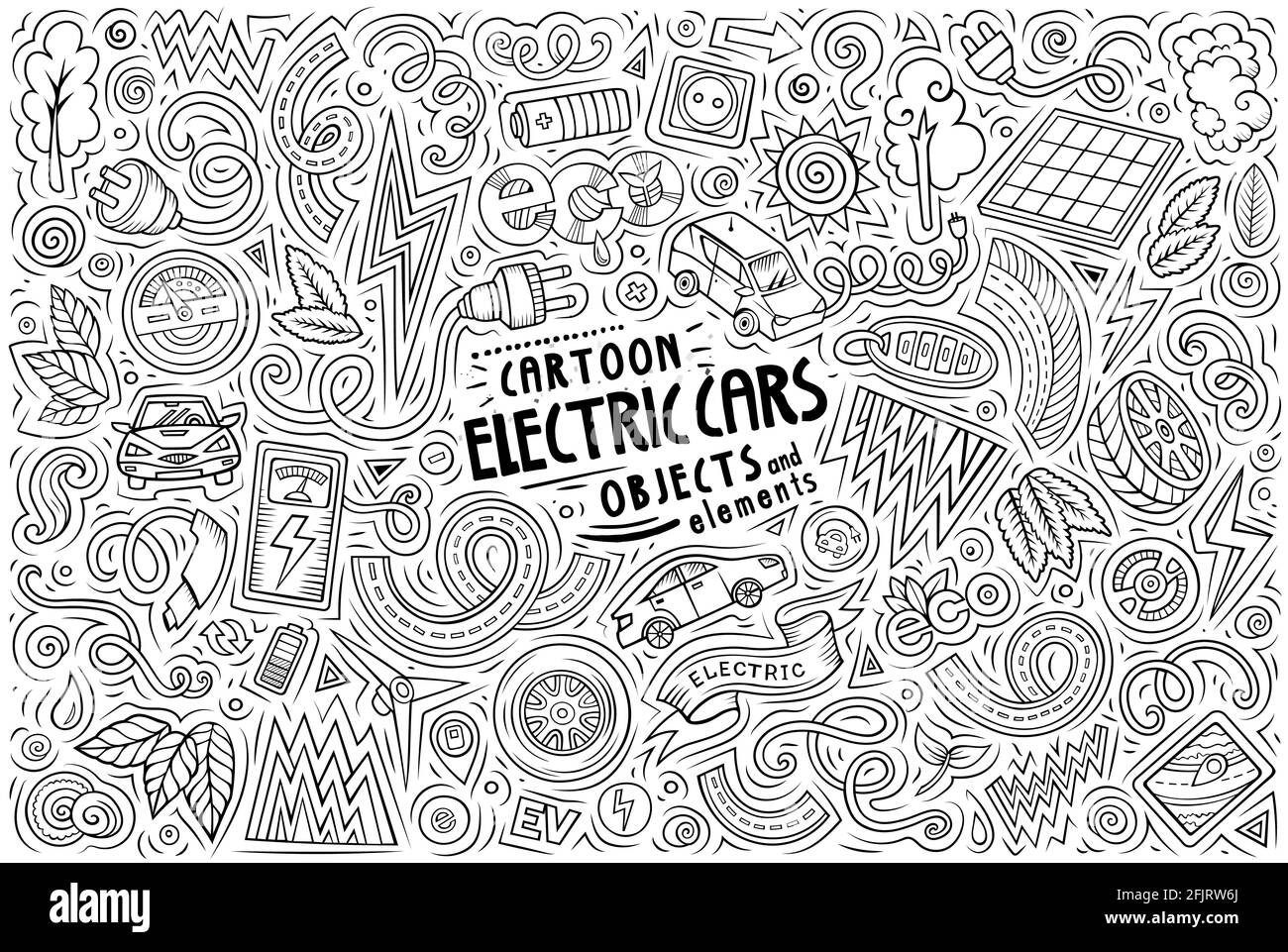 Linie Kunst Vektor Hand gezeichnete Doodle Cartoon Satz von Elektroautos Themen Artikel, Objekte und Symbole Stock Vektor