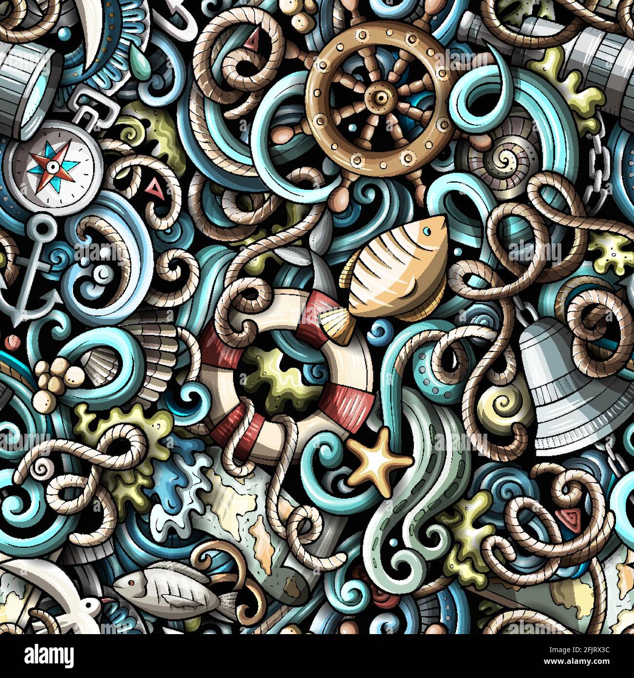 Cartoon-Kritzeleien Nautisches Nahtloses Muster. Hintergrund mit maritimen Symbolen und Gegenständen. Farbenfrohe, detailreiche Hintergrundfarbe für den Druck auf Stoff, Textil, Telefon Stock Vektor