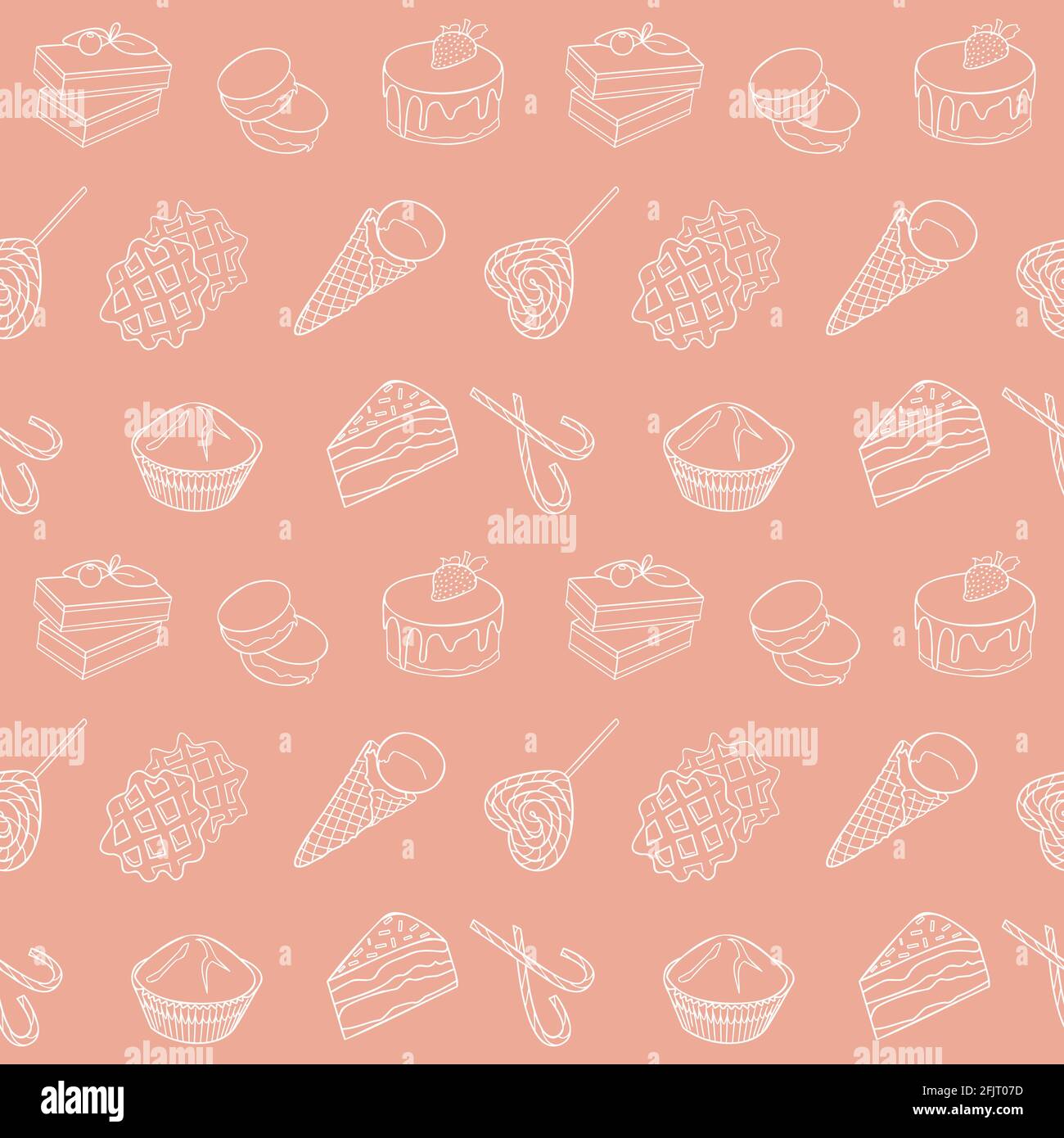 Food item black outline Hand gezeichnet nahtlose Muster, Satz von Bäckerei, Süßigkeiten Sammlung Zuckerrohr, Cupcake, Makronen, Eis, Kuchen Küche Design vect Stock Vektor