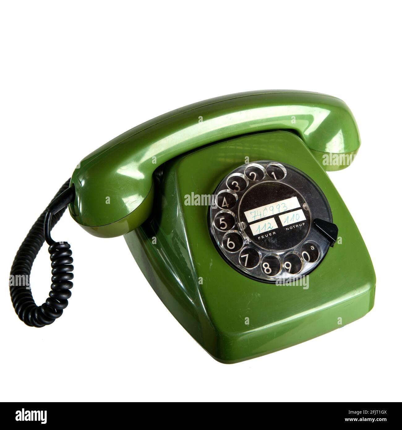 Deutsche Post Wählscheibentelefon Grün Modell 611 Fernsprechapparat Farngrün freigestellt vor weißem Hintergrund. Original aus den 70er Jahren. Stockfoto