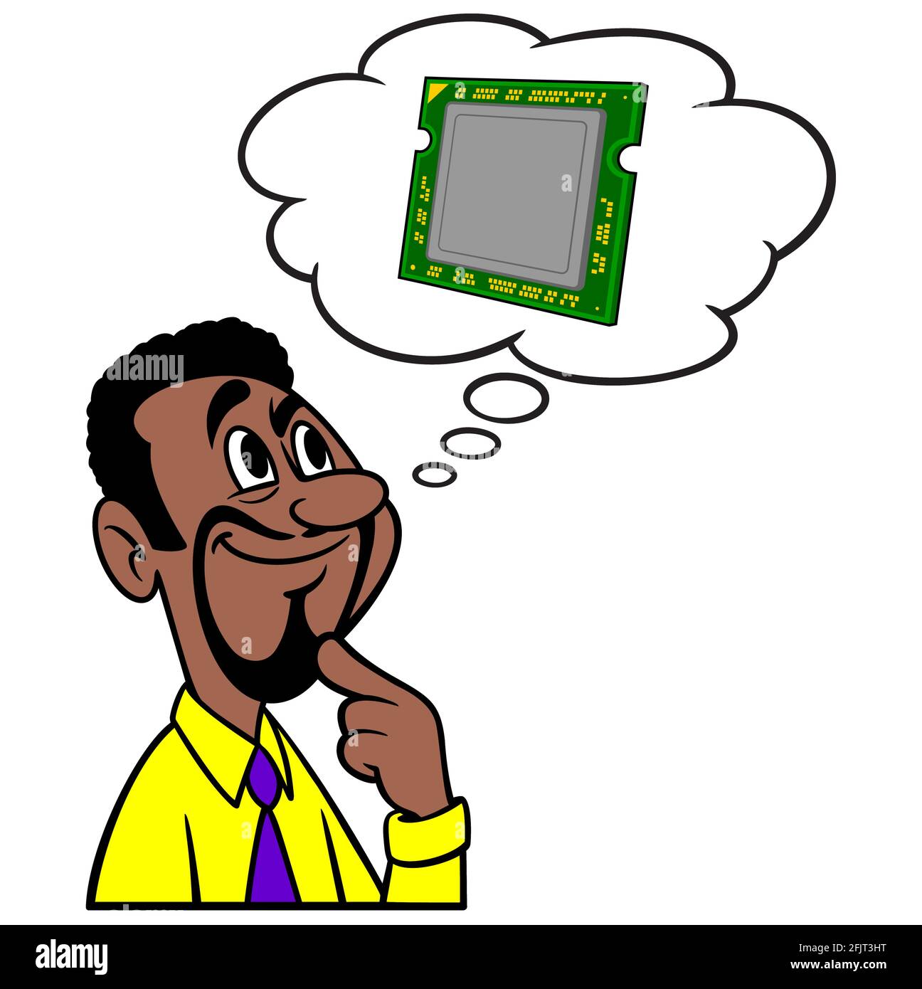Mann, der an Computerprozessoren denkt: EINE Cartoon-Illustration eines Mannes, der an einen neuen Computerprozessor denkt. Stock Vektor