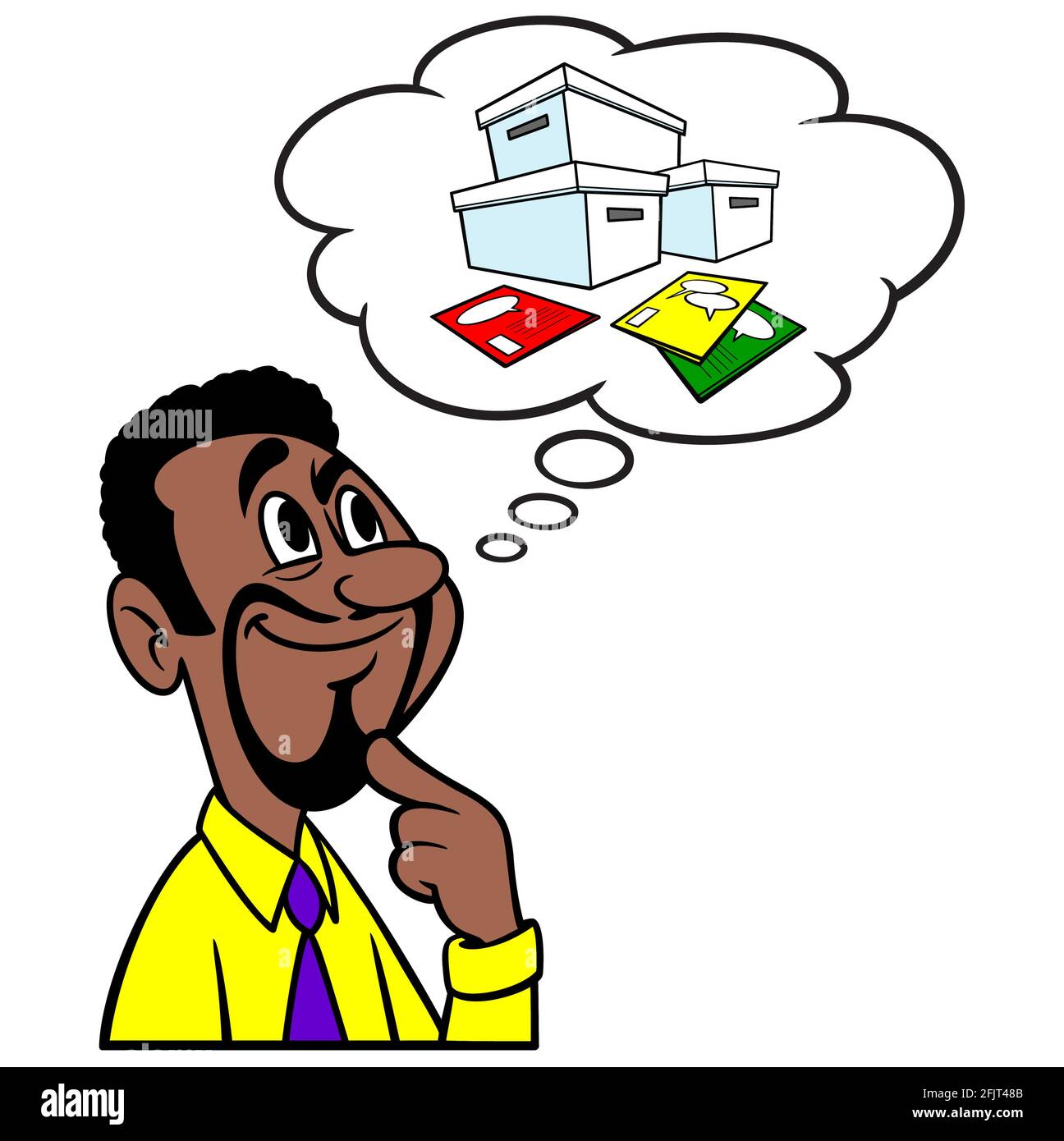 Mann, der an Comic-Bücher denkt - EINE Cartoon-Illustration eines Mannes, der an das Sammeln von Comic-Büchern als Hobby denkt. Stock Vektor