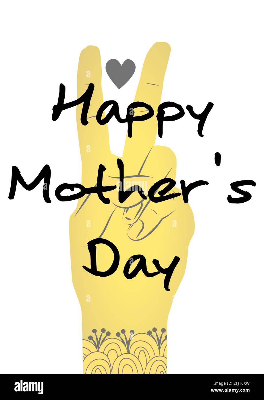Happy Mothers Day Text und Hand Frieden Zeichen und Herz Symbol auf weißem Hintergrund Stockfoto