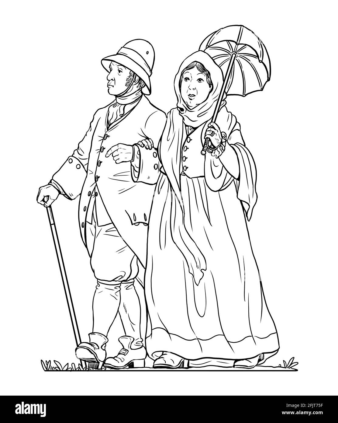 Vermieter und seine Frau gehen spazieren. Baron und sein Gefolge. Digitale Illustration. Stockfoto