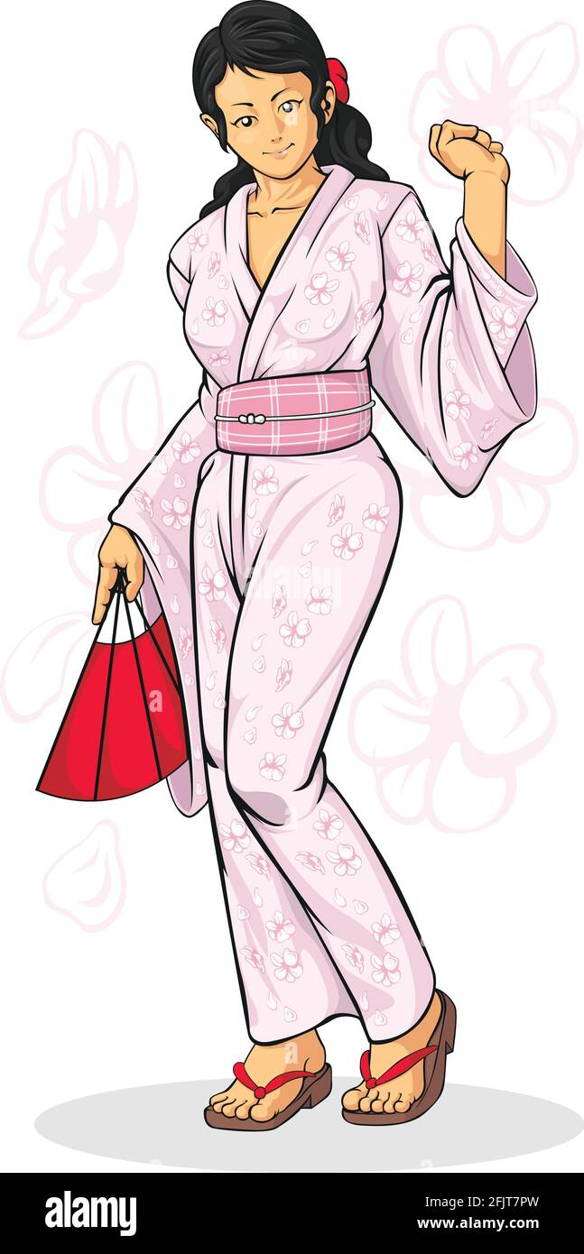 Geisha Mädchen Tragen Japanischen Kimono Cartoon Illustration Zeichnung Stock Vektor
