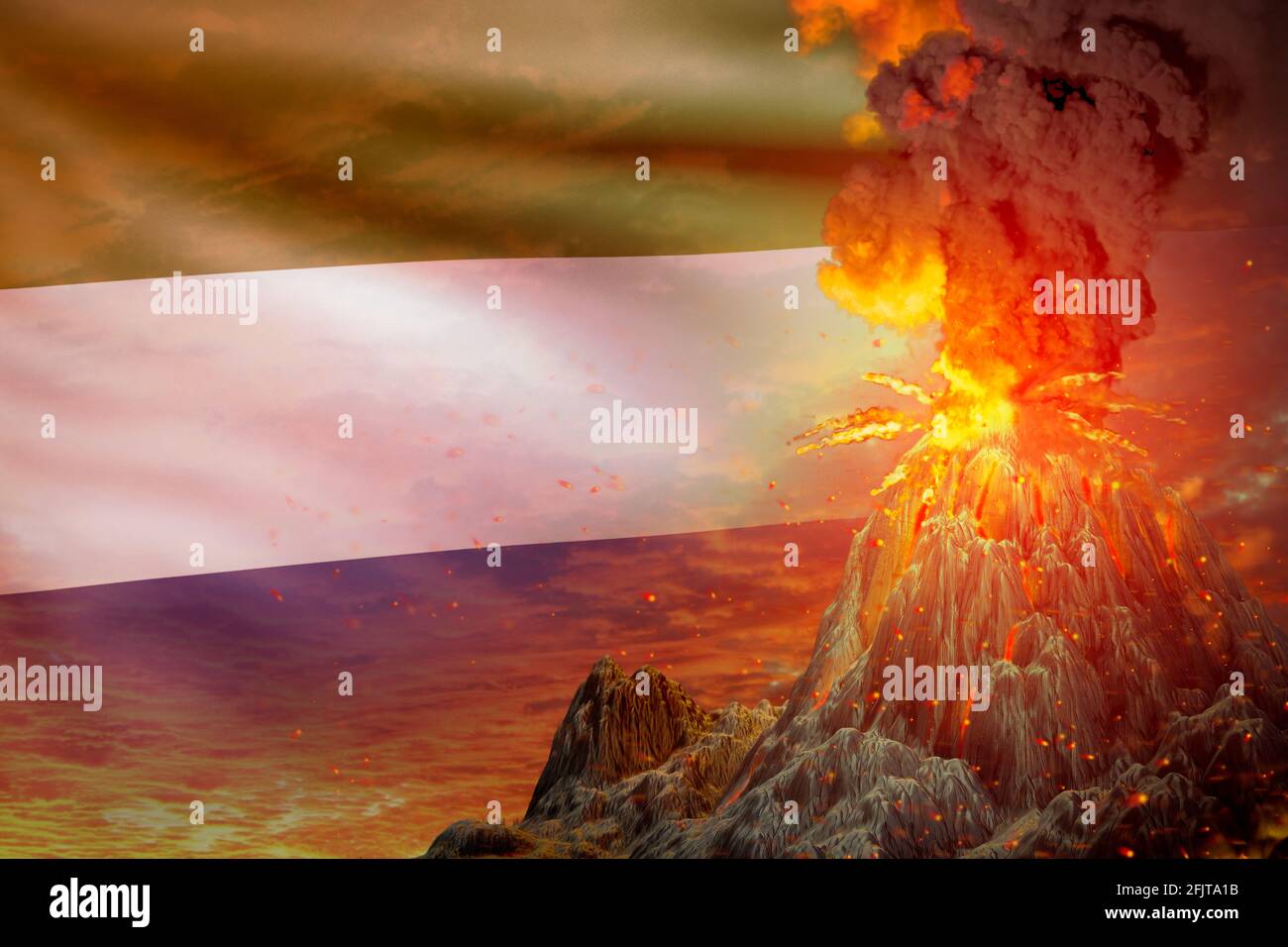 Großer Vulkanausbruch in der Nacht mit Explosion auf Sierra Leone Flagge Hintergrund, Probleme wegen der Katastrophe und vulkanisches Erdbeben konzeptionellen 3D Stockfoto
